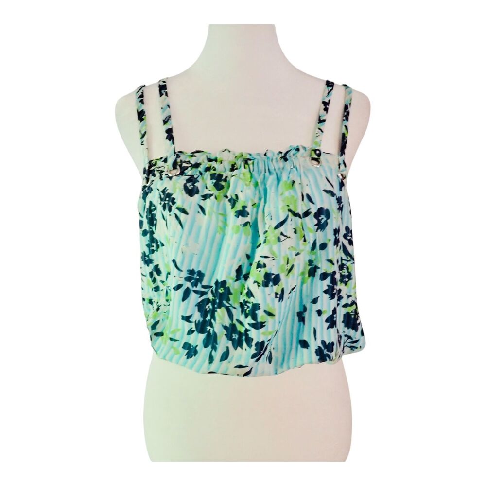 Ramy Brook Cropped Top Tank XS Silk Lined Floral Pleated Elastic Hem Aqua Print
